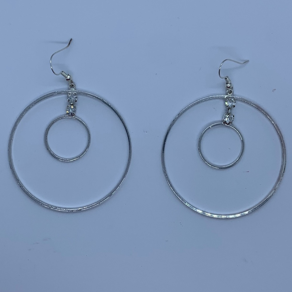 Dangle Silver Tone Circle Earrings w/Clear Stones